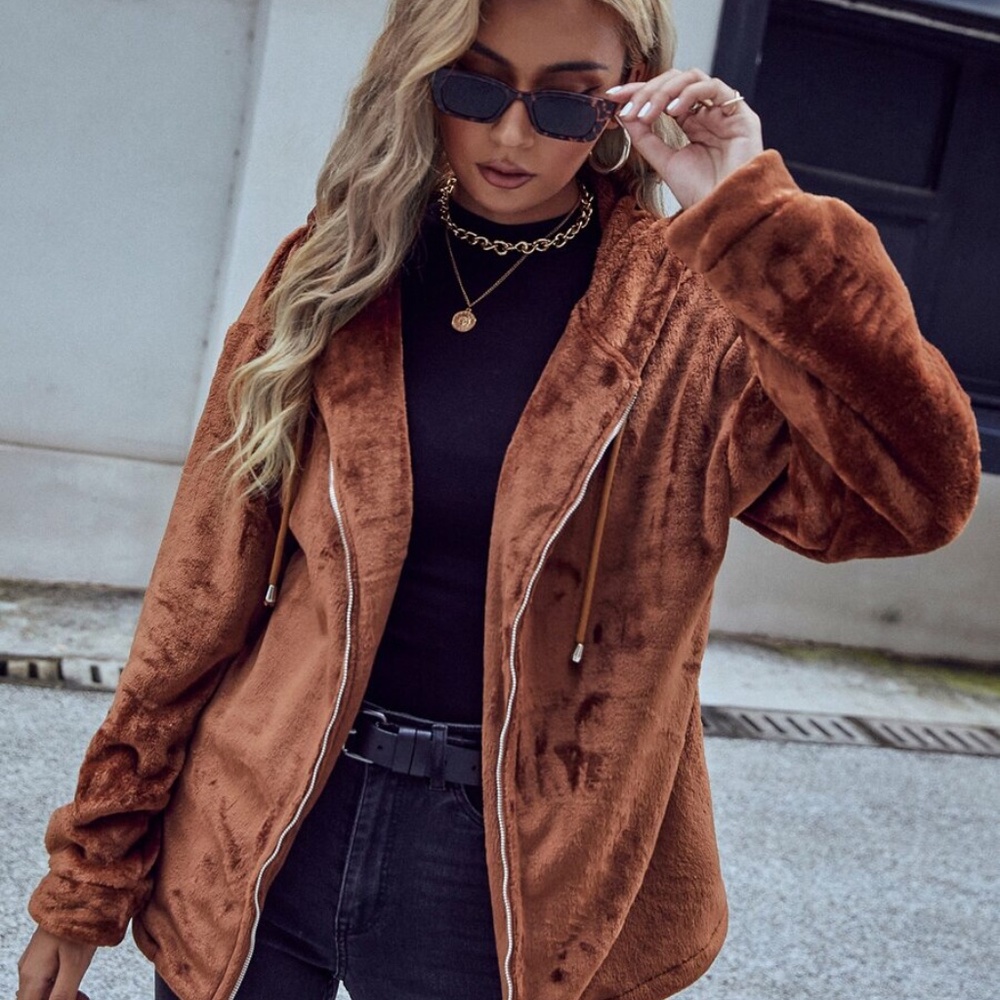 2xHP💝Women’s Hooded Brown Teddy Bear Jacket sz sm med - Picture 5 of 8